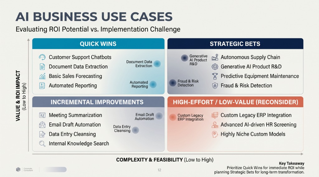 AI Business Use Cases — Evaluating ROI Potential vs. Implementation Challenge